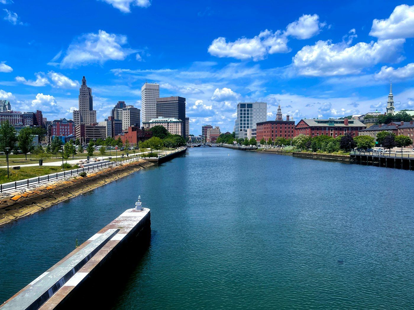 Downtown Providence, Rhode Island skyline across the river on a clear day